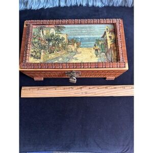 VTG Cedar Jewelry/Storage Box Scenic Designs  Mirror Tramp Carved MCM Italy 👇